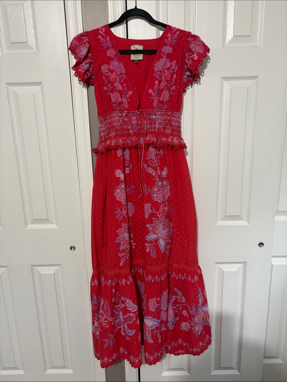 FARM Rio Red Midi Dress with Lavender Floral Print